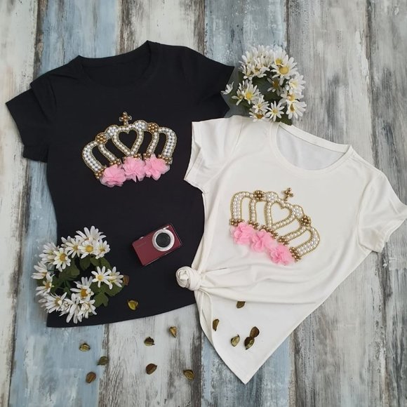 QUEEN Crown Rhinestone/Pearls HANDMADE, Ladies Tee, Bling T-Shirt, RED - Picture 5 of 6